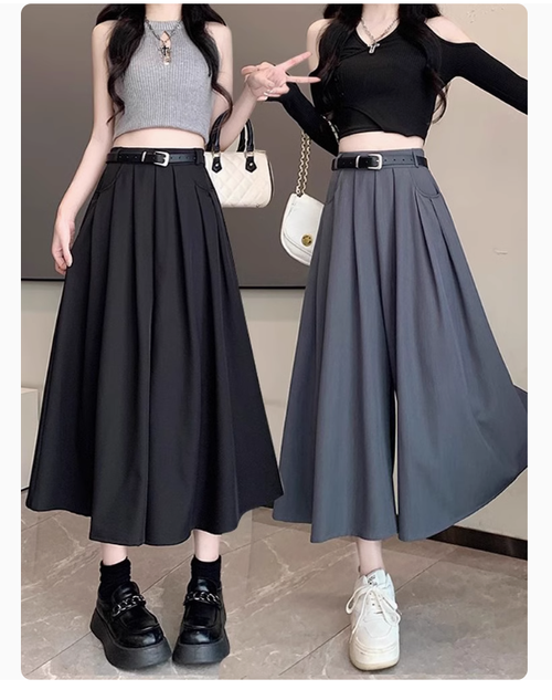 裙褲女夏款2025新款爆款高腰百褶八分闊腿褲小個子西裝褲裙二合一