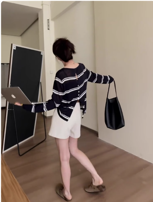 韓繫條紋防曬長袖t恤罩衫女夏季後背鏤空小衫外搭正肩冰絲上衣薄