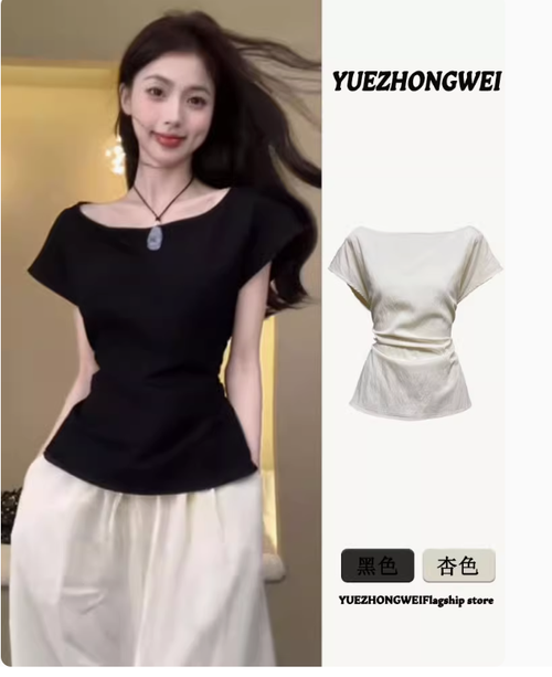 黑色正肩短袖T恤女夏季設計感小衆獨特別緻絕美后腰綁帶辣妹上衣