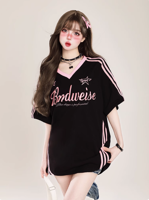 美式復古潮流撞色拼接v領寬松短袖t恤女夏季oversize休閒半袖上衣