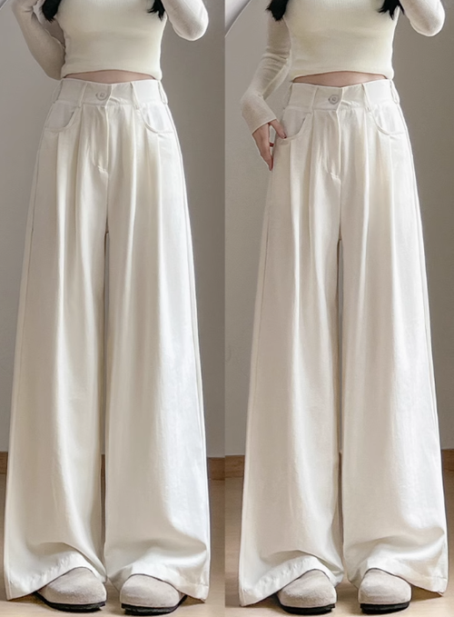 冰絲垂感山本褲女夏季薄2025新款小個子高腰米白色棉麻西裝闊腿褲