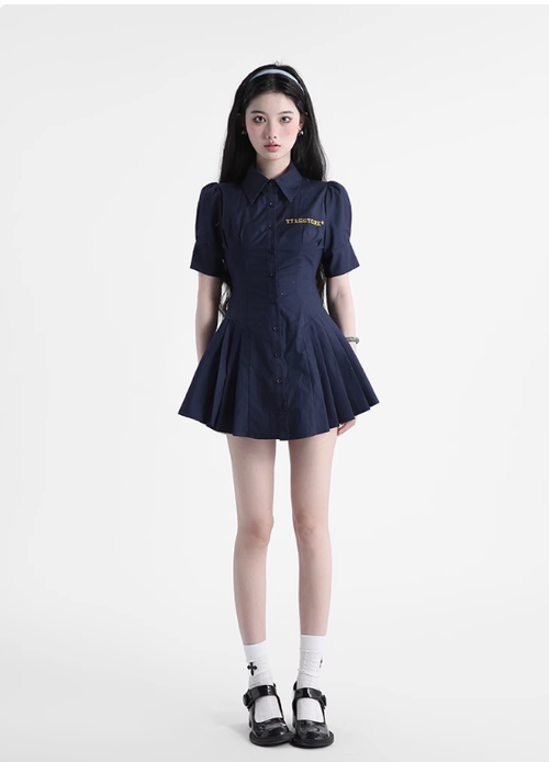 一頭阿瓜『心動代碼』連衣裙夏季女襯衫裙收腰顯瘦藏青色高腰短裙