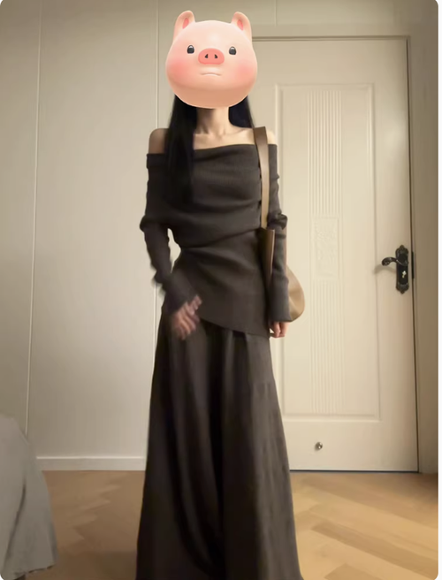 2025新款早春一字肩連衣裙子女開春季韓系慵懶風穿搭一整套裝長裙