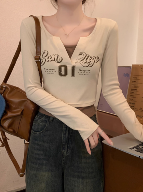 假兩件v領長袖t恤女春季2025新款洋氣高級修身短款內搭打底衫上衣