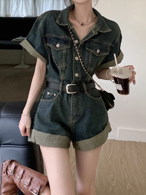 拉夏貝爾復古牛仔連體褲女春季2025年新款設計感卷邊闊腿短褲套裝