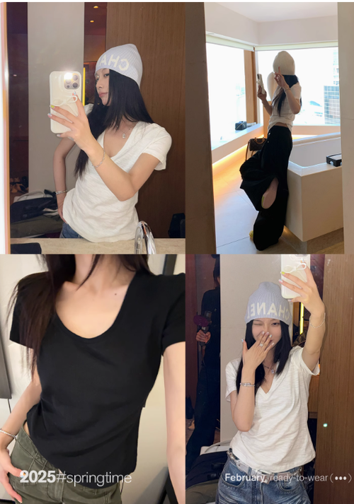 SUNONEONE 純棉V領短袖T恤女春新款休閒正肩百搭小衆純色寬鬆上衣