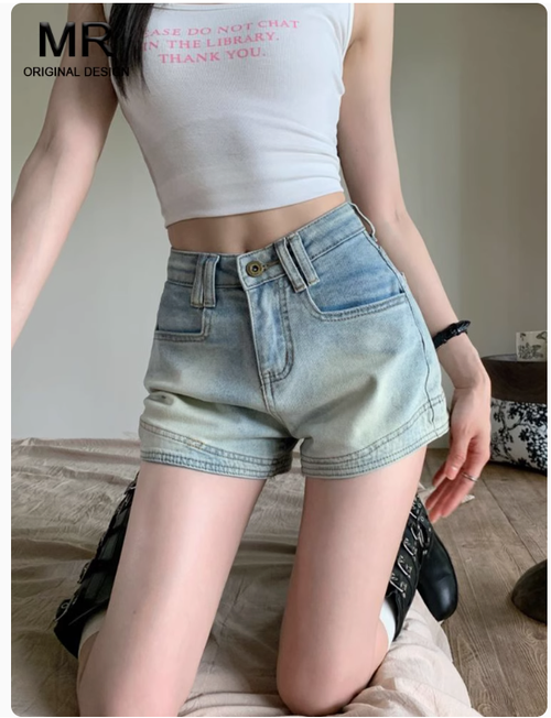 淺色牛仔短褲女夏季2025新款辣妹高腰a字小個子薄款外穿包臀熱褲