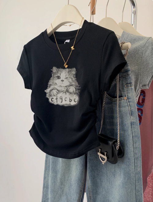 黑色貓咪正肩短袖t恤衫女夏季夏2025新款設計感小衆修身短款上衣