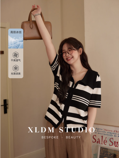 小儷自制大碼女裝涼感冰絲大翻領小衫夏季雙開拉鏈針織開衫