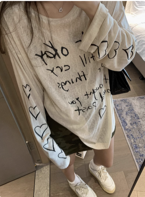 fancccy 字母愛心印花防曬T恤女夏新款長袖薄款寬鬆顯瘦空調罩衫