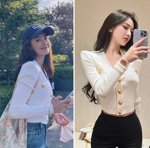夏娃徐睿知楊採鈺同款墊肩上衣法式小香風V領針織開衫毛衣外套春