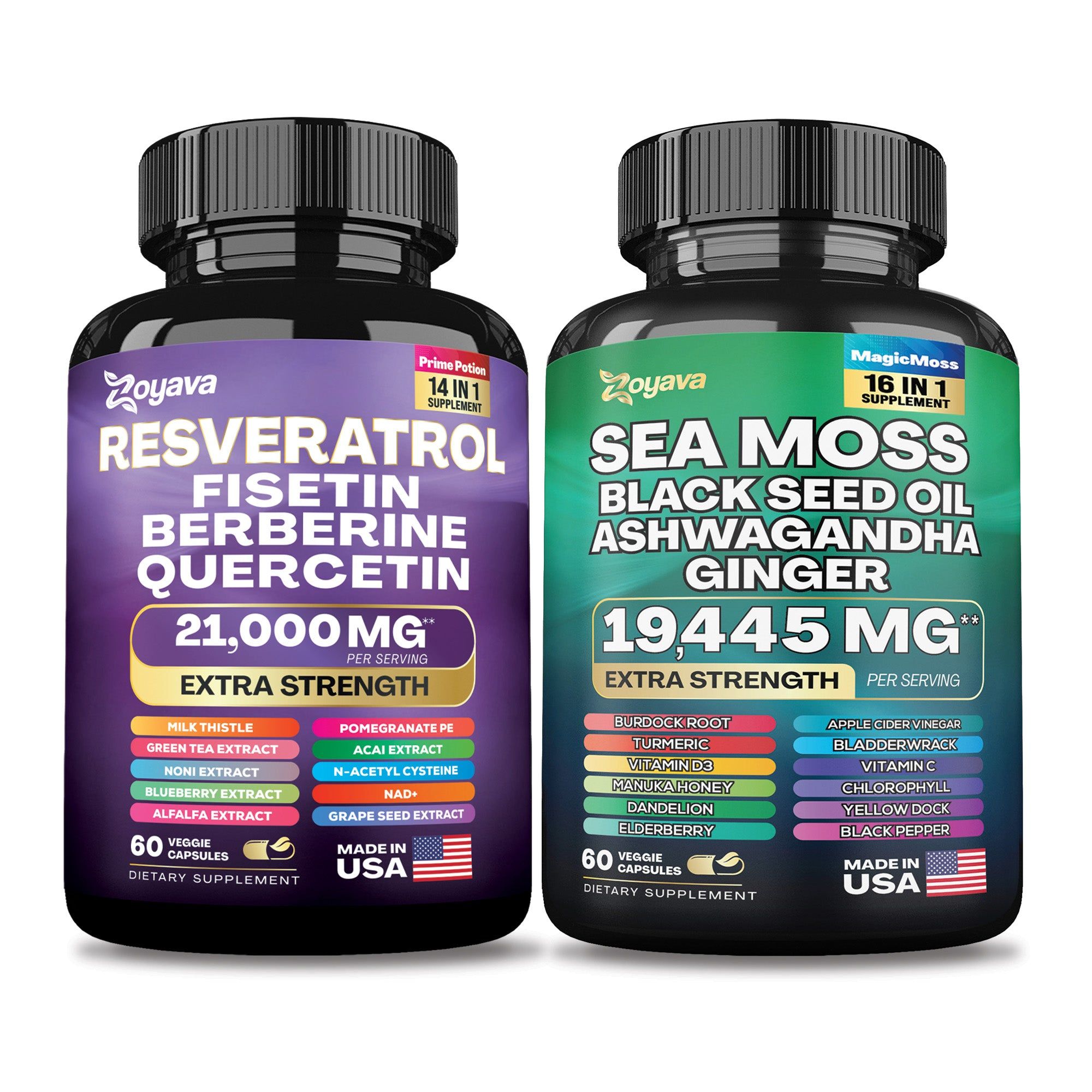 ゾヤバ™ 若々しい活力デュオ：リバイタライズ レスベラトロール 21,000mg & シーモス 16-in-1 マジックモス スーパーブレンド 19,445mg