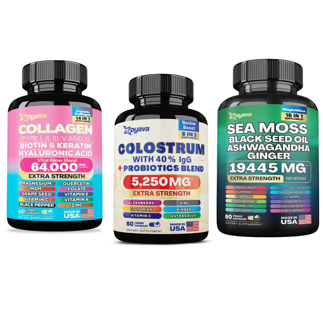 Zoyava™ ラディアントビューティートリオ - 牛初乳サプリメント 5250 mg シーモス 16-in-1 マジックモス スーパーブレンド - 19,445 mg コズミックコラーゲンビューティーコンプレックス - 64,000 MCG