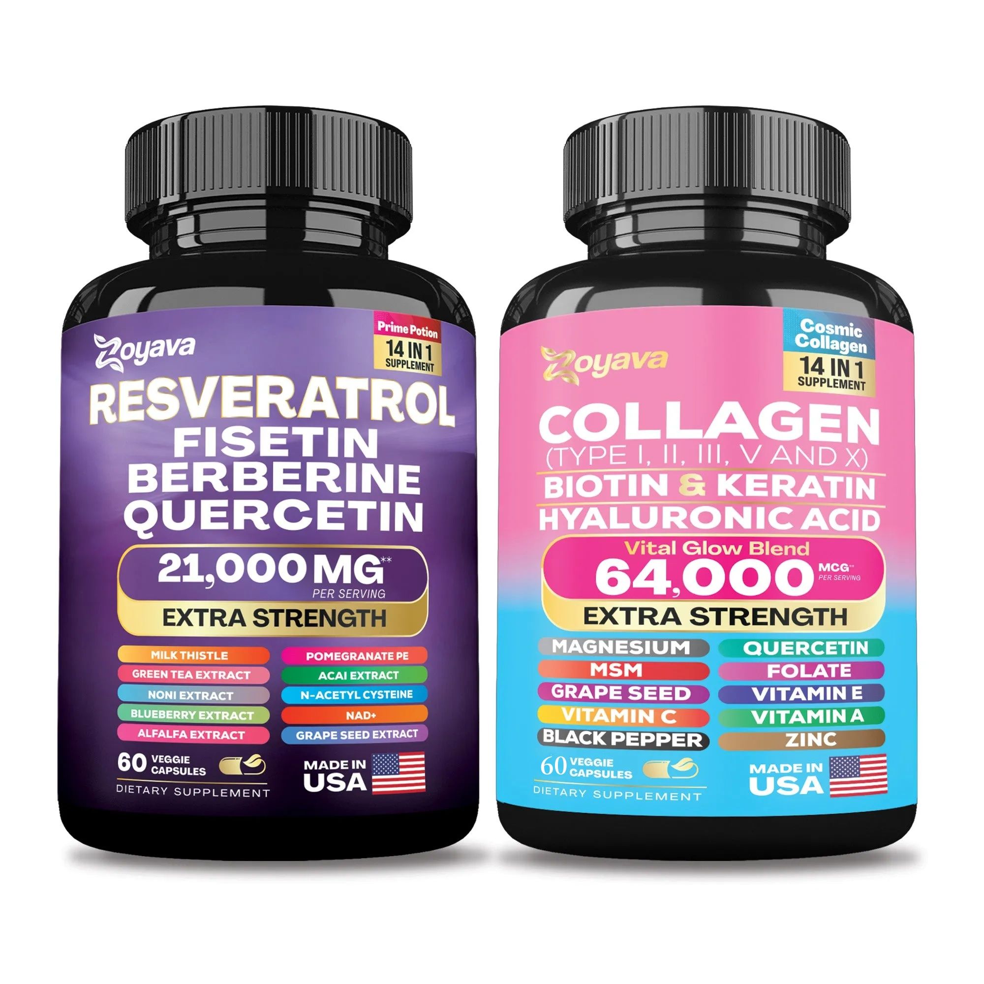 Zoyava™ ラディアント リバイバル バンドル: コズミック コラーゲン ビューティー コンプレックス 64,000MCG & リバイタライズ レスベラトロール 21,000MG