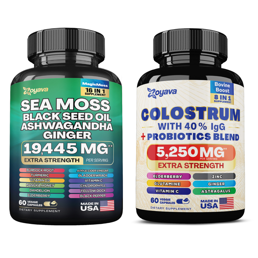 Zoyava™ バイタリティ フュージョン デュオ：高効力牛初乳カプセル 5250mg & シーモス 16-in-1 マジックモス スーパーブレンドカプセル 19,445mg