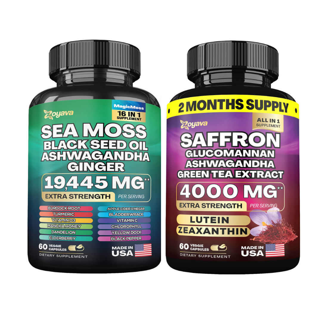 Zoyava™ 健康と活力を調和：シーモス 16-in-1 マジックモス スーパーブレンド 19,445mg & サフラン ゼスティゼン パワーハウス 4,000mg