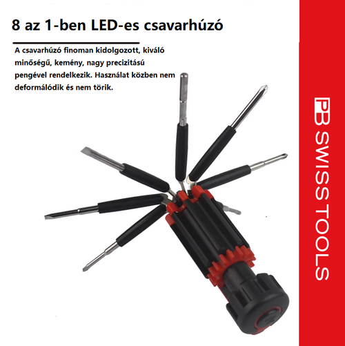 PB swiss tools 8 az 1-ben csavarhúzó LED zseblámpával