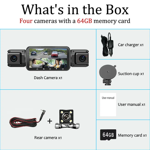 Dash Cam Front Rear Left and Right, Full HD 4 Channnel Dash Camera for Cars Built-in WiFi, 64GB Card
