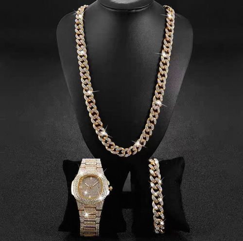 TEMU Hip-Hop Cuban Bracelet Necklace Watch Gift Set Quartz Watch Fashion Diamond-Studded Watch