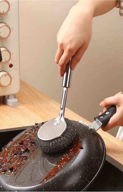 Kitchen-Specific Long-Handled Stainless Steel Wire Brush for Pots and Pans - Durable, Non-Shedding Cleaning Tool 1 cleaning brush + 10 replacement steel wool pads