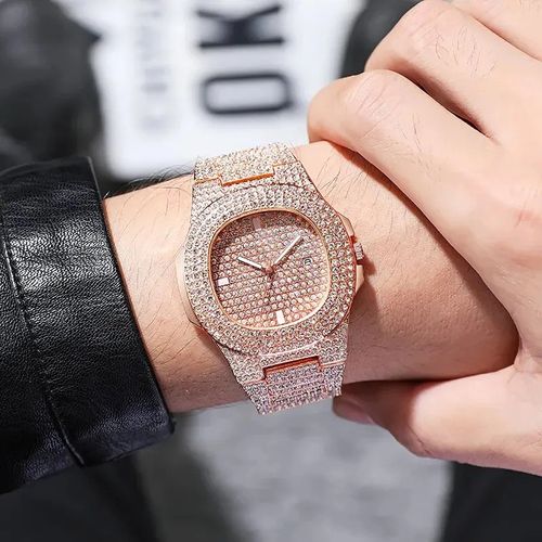 TEMU Hip-Hop Cuban Bracelet Necklace Watch Gift Set Quartz Watch Fashion Diamond-Studded Watch