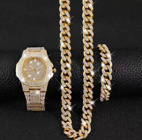TEMU Hip-Hop Cuban Bracelet Necklace Watch Gift Set Quartz Watch Fashion Diamond-Studded Watch