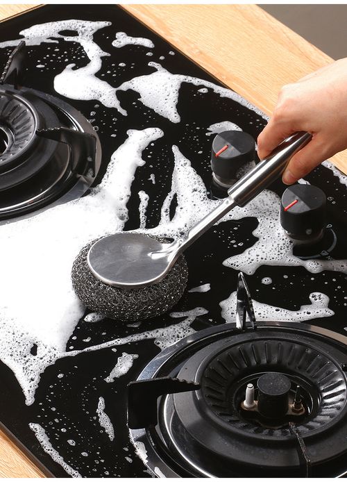 Kitchen-Specific Long-Handled Stainless Steel Wire Brush for Pots and Pans - Durable, Non-Shedding Cleaning Tool 1 cleaning brush + 10 replacement steel wool pads