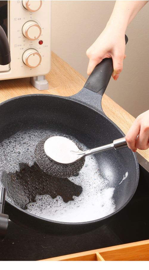 Kitchen-Specific Long-Handled Stainless Steel Wire Brush for Pots and Pans - Durable, Non-Shedding Cleaning Tool 1 cleaning brush + 10 replacement steel wool pads