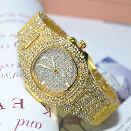 TEMU Hip-Hop Cuban Bracelet Necklace Watch Gift Set Quartz Watch Fashion Diamond-Studded Watch