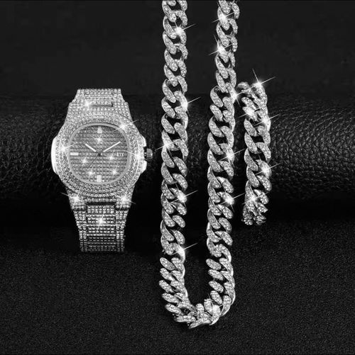 TEMU Hip-Hop Cuban Bracelet Necklace Watch Gift Set Quartz Watch Fashion Diamond-Studded Watch