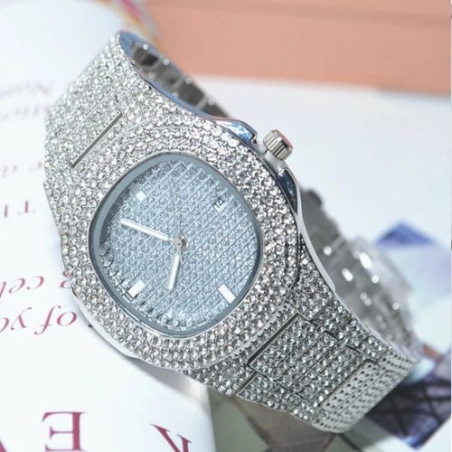 TEMU Hip-Hop Cuban Bracelet Necklace Watch Gift Set Quartz Watch Fashion Diamond-Studded Watch