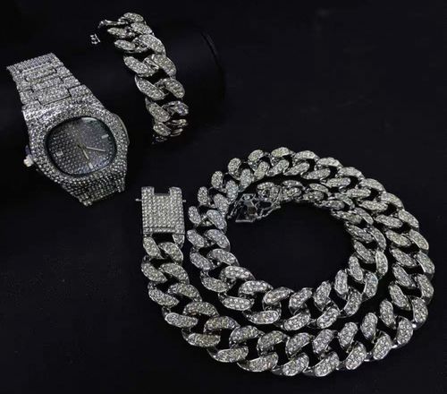 TEMU Hip-Hop Cuban Bracelet Necklace Watch Gift Set Quartz Watch Fashion Diamond-Studded Watch