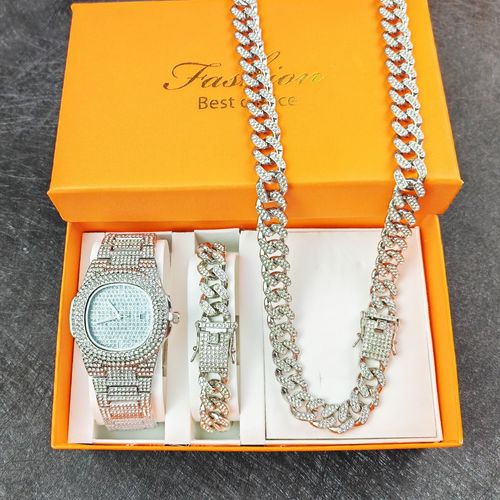 TEMU Hip-Hop Cuban Bracelet Necklace Watch Gift Set Quartz Watch Fashion Diamond-Studded Watch