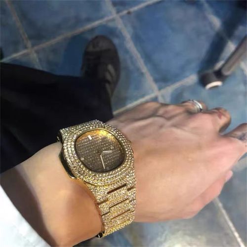 TEMU Hip-Hop Cuban Bracelet Necklace Watch Gift Set Quartz Watch Fashion Diamond-Studded Watch