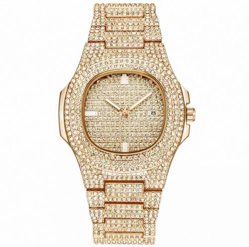TEMU Hip-Hop Cuban Bracelet Necklace Watch Gift Set Quartz Watch Fashion Diamond-Studded Watch