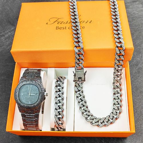 TEMU Hip-Hop Cuban Bracelet Necklace Watch Gift Set Quartz Watch Fashion Diamond-Studded Watch