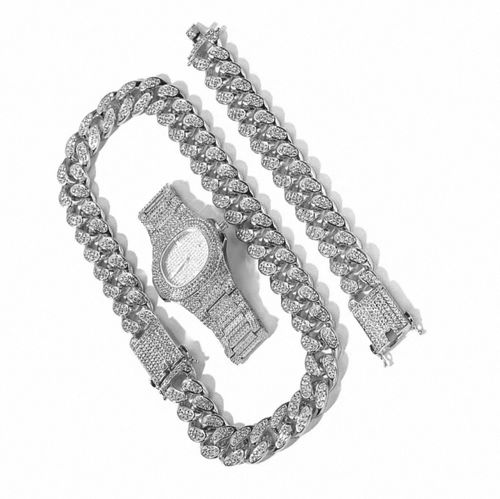 TEMU Hip-Hop Cuban Bracelet Necklace Watch Gift Set Quartz Watch Fashion Diamond-Studded Watch