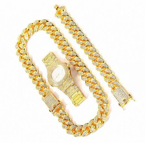 TEMU Hip-Hop Cuban Bracelet Necklace Watch Gift Set Quartz Watch Fashion Diamond-Studded Watch