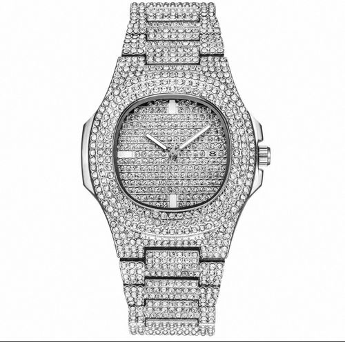 TEMU Hip-Hop Cuban Bracelet Necklace Watch Gift Set Quartz Watch Fashion Diamond-Studded Watch