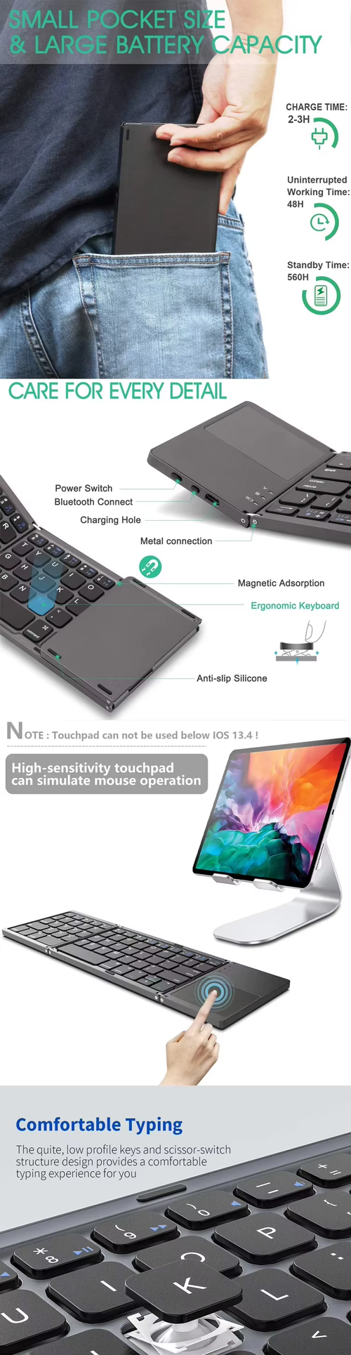 Foldable Bluetooth Keyboard with Touchpad for Tablet and Laptop（Cash on delivery is supported）