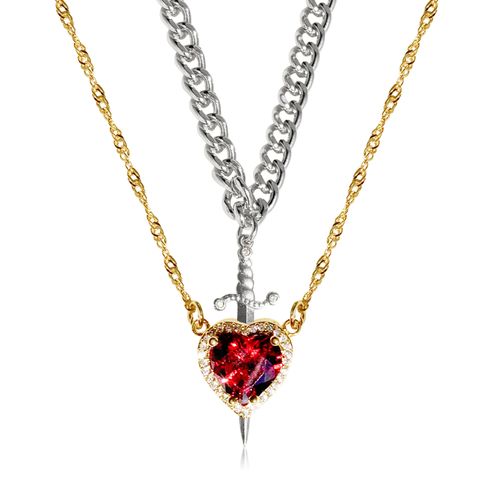 New PVD Gold Plated Stainless Steel Love Knight Necklace 2025 Valentine's Day Two in One Red Crystal Heart and Sword Necklace