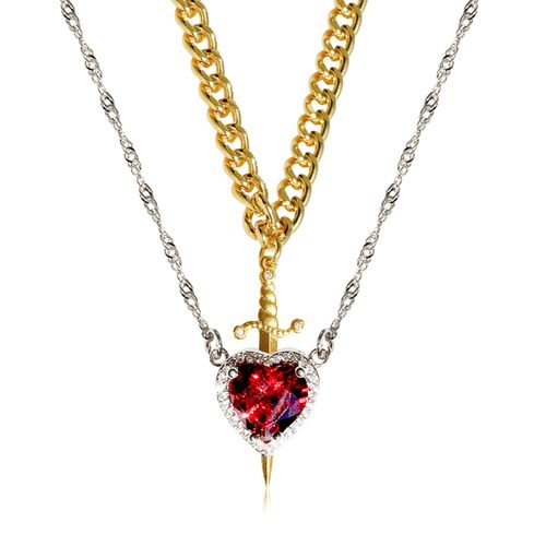New PVD Gold Plated Stainless Steel Love Knight Necklace 2025 Valentine's Day Two in One Red Crystal Heart and Sword Necklace