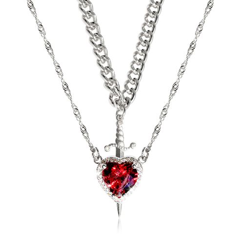 New PVD Gold Plated Stainless Steel Love Knight Necklace 2025 Valentine's Day Two in One Red Crystal Heart and Sword Necklace
