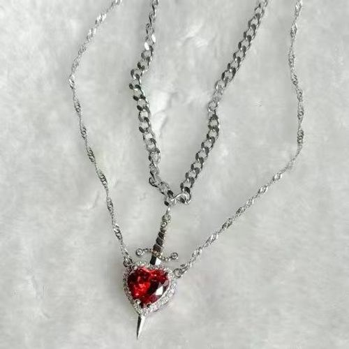 New PVD Gold Plated Stainless Steel Love Knight Necklace 2025 Valentine's Day Two in One Red Crystal Heart and Sword Necklace
