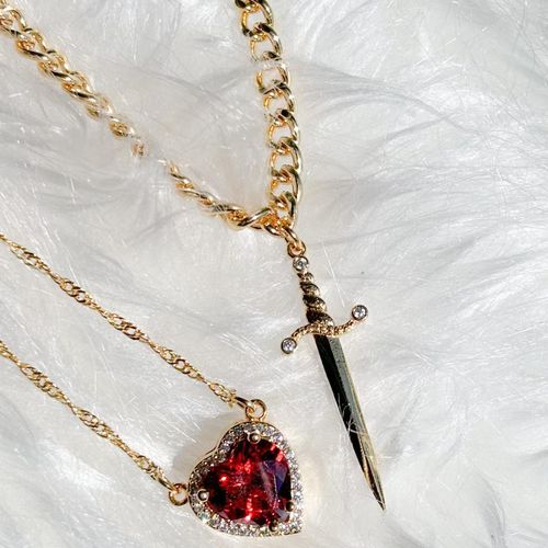 New PVD Gold Plated Stainless Steel Love Knight Necklace 2025 Valentine's Day Two in One Red Crystal Heart and Sword Necklace
