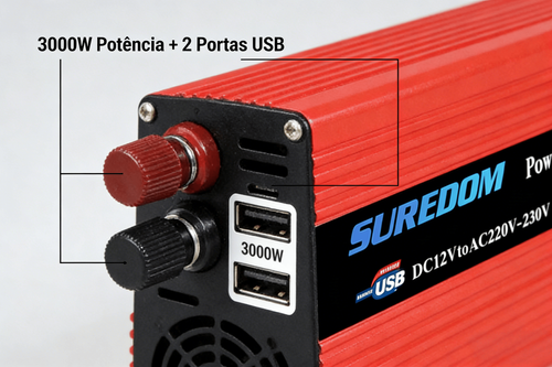 Inversor de Energia 3000W para Veículo Conversor Fotovoltaico Solar com Duas Portas USB