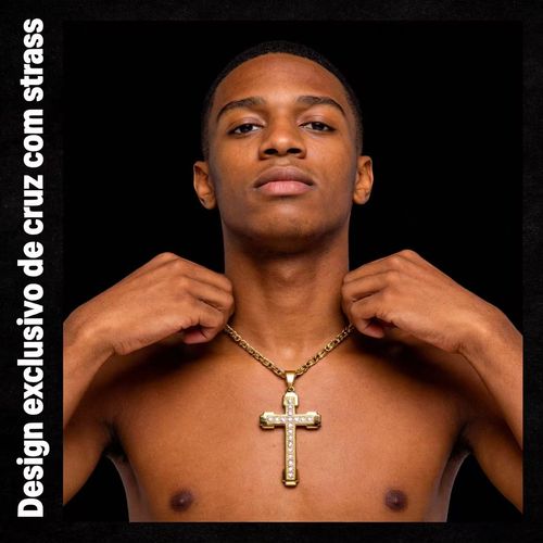 Colar de Cruz Masculino de Aço Inoxidável com Strass Design Luxuoso e Não Desbota