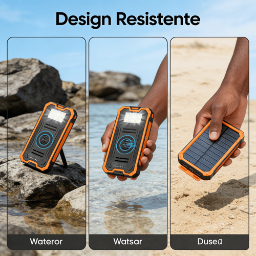 Power Bank Solar 20000mAh Carregamento Sem Fio Resistente à Água e Choques Carregamento Rápido para Exterior