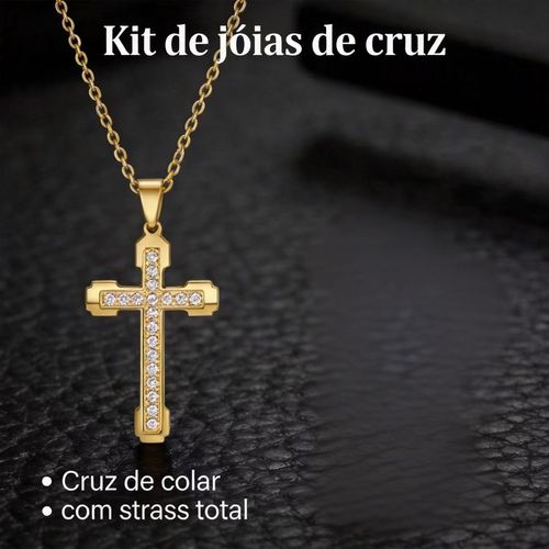 Colar de Cruz Masculino de Aço Inoxidável com Strass Design Luxuoso e Não Desbota