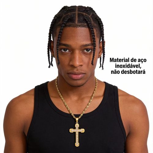 Colar de Cruz Masculino de Aço Inoxidável com Strass Design Luxuoso e Não Desbota